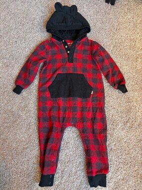 Mini Heroes Baby Buffalo Plaid Hooded Romper 24M Red Black Fleece Lined
